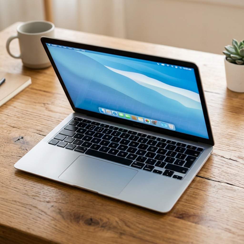 Silver MacBook Air M1 open on a clean wooden desk setup