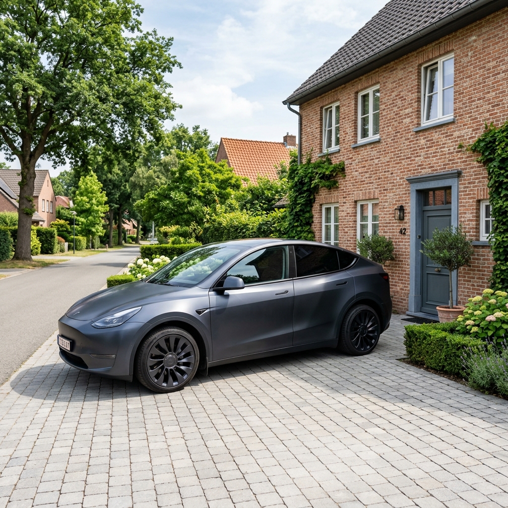 Sleek dark stealth grey Tesla Model Y Juniper parked in driveway